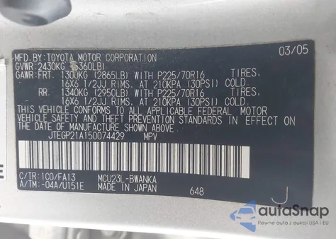 2005 Toyota Highlander V6 z USA, uszkodzony, nr VIN JTEGP21A150074429